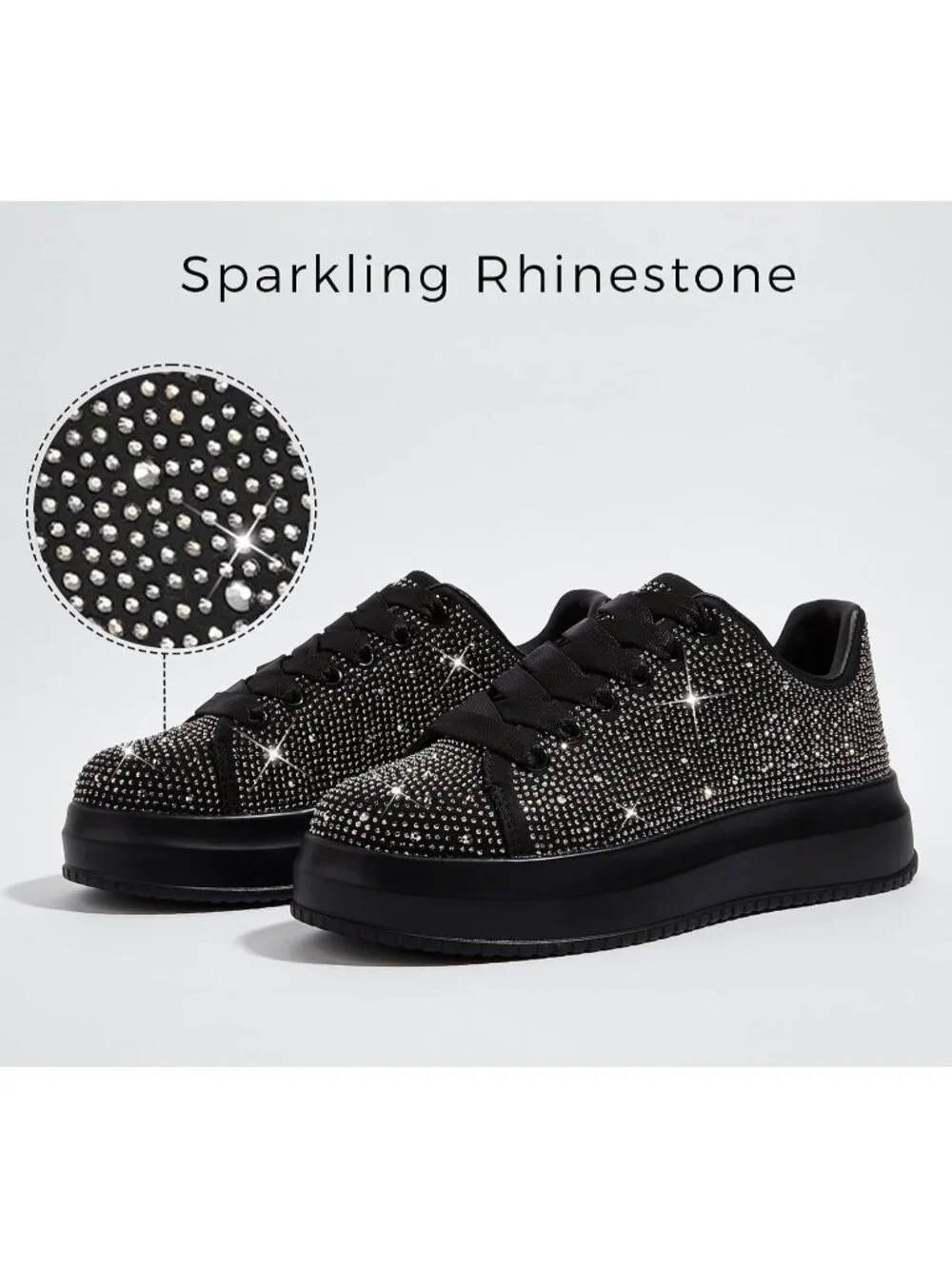 🆕Women's Black Sparkly Glitter Bling Tennis Rhinestone Platform Sneakers